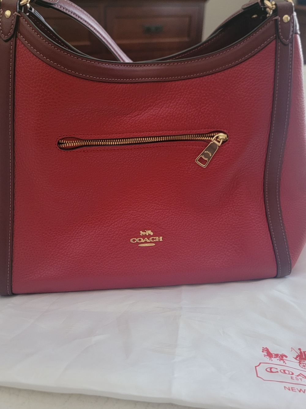 Coach Red Kristy Pebbled Leather Shoulder Bag with Brown Trim